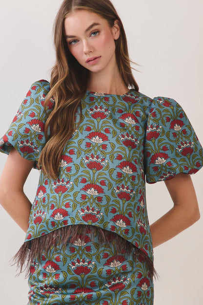 TCEC Floral Print Feather Trim Top