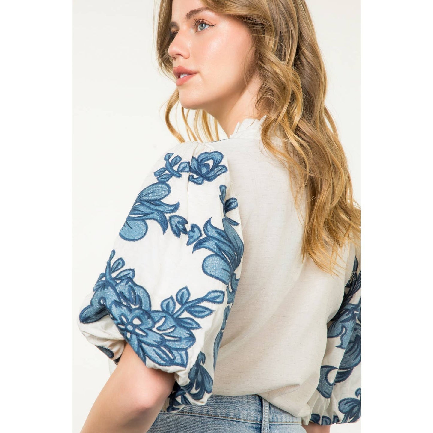 Embroidered Puff Sleeve V-Neck Top
