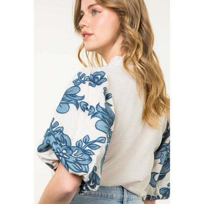 Embroidered Puff Sleeve V-Neck Top