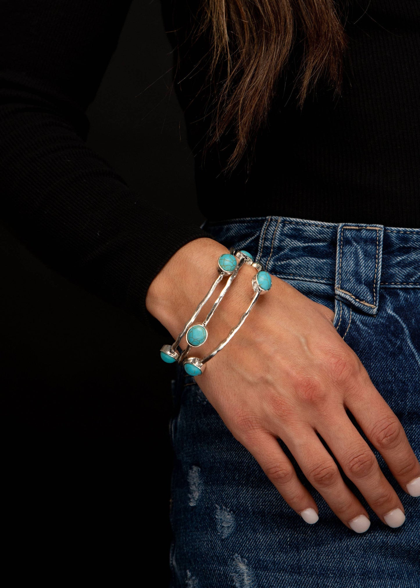West & Co. 3 Burnished Silver Bangles W/ Turquoise
