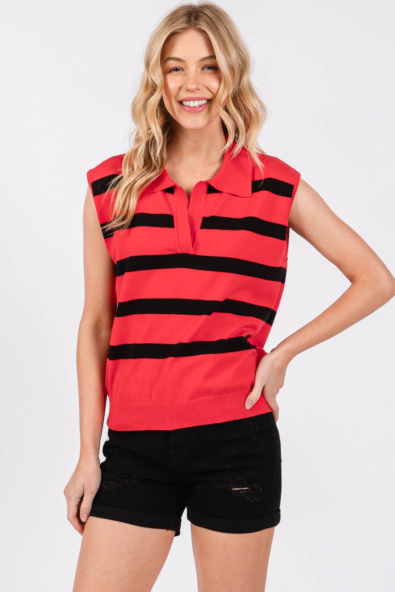 Collared Striped Sleeveless Sweater Top