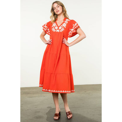 Flutter Sleeve Embroidered Dress