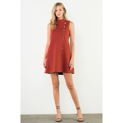 Button Detail High Neck Sleeveless Dress