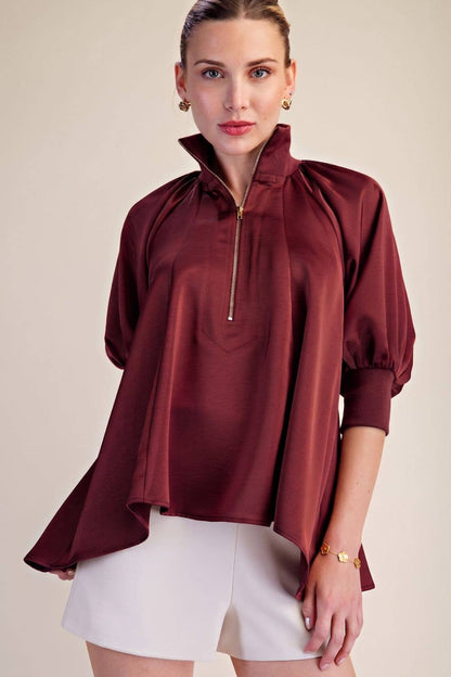 Mock Neck Half Zip Puff Sleeve Blouse