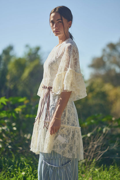 Sheered Lace Tiered Sleeve Flowy Tunic Top