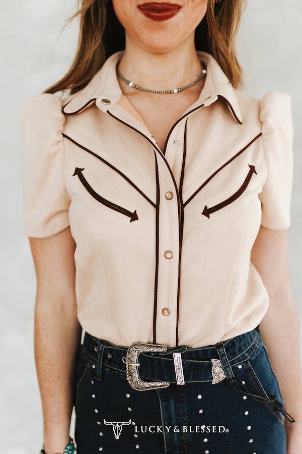 Beige Suede Contrast Arrow Pearl Snap Puff Sleeve Top