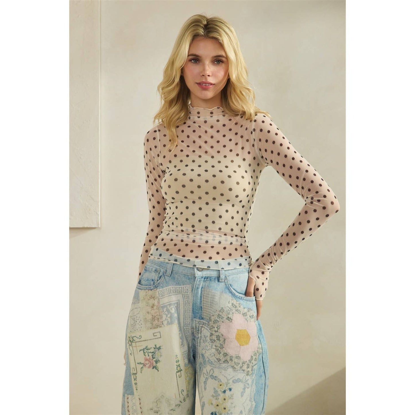 Lace Long Sleeve See Through Polka Dot Top
