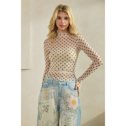 Lace Long Sleeve See Through Polka Dot Top