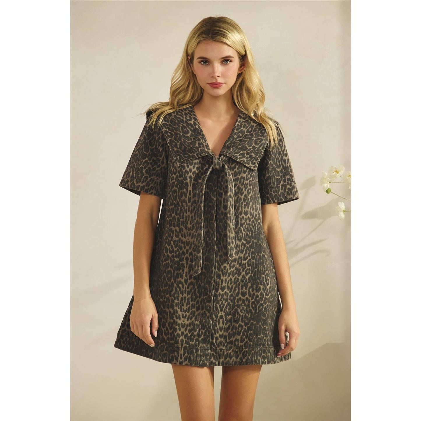 Collared Leopard Printed Denim Mini Dress