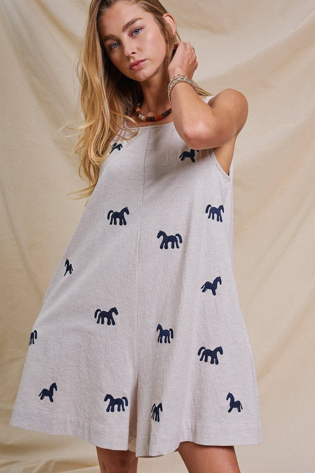 Embroidered Pony Cotton Linen Sleeveless Romper