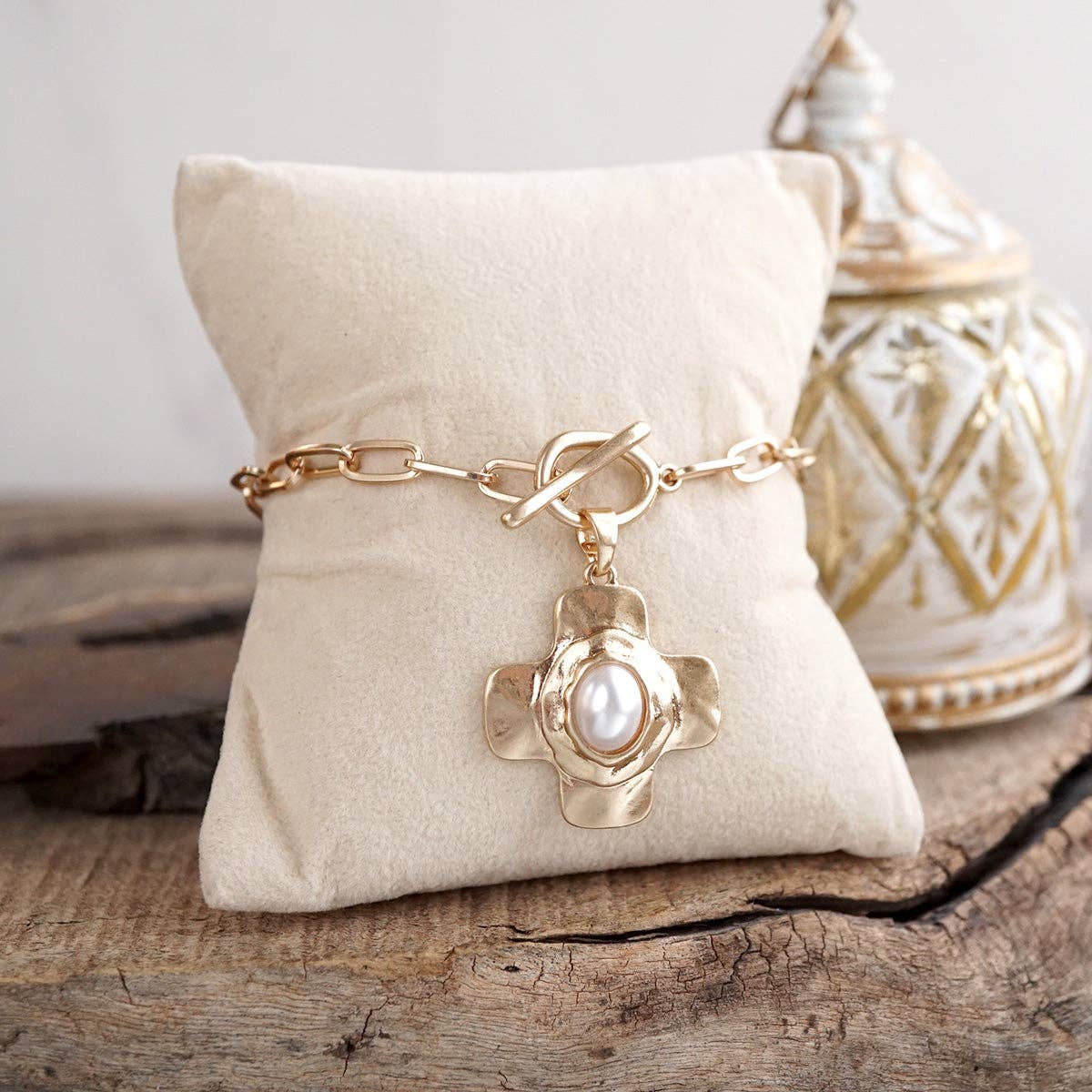 PennyLine Inc. Turquoise Pearl Cross Toggle Bracelet – Sunlit Cross