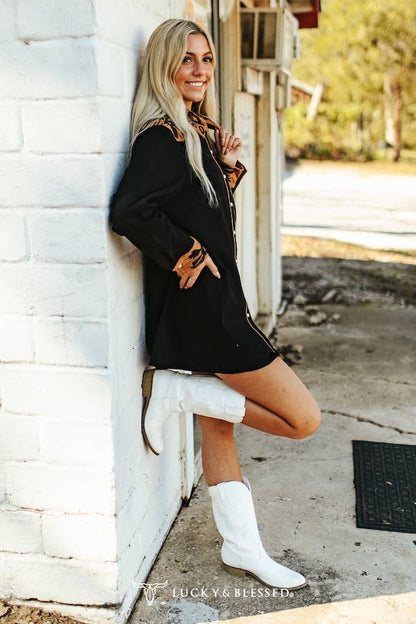 Black Suede Pearl Snap Dress W Camel Yoke
