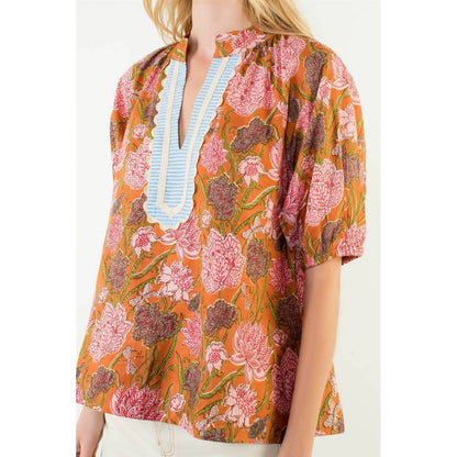 Short Sleeve Floral Pattern V-Neck Top