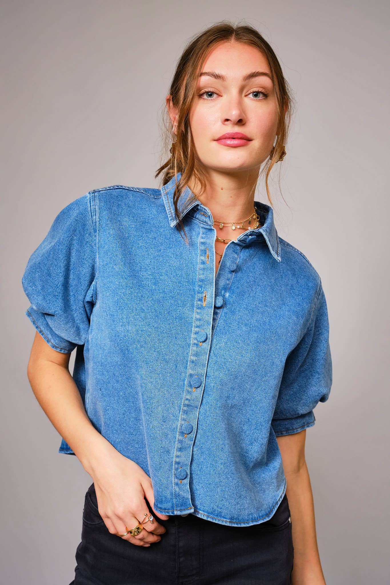 Puff Short Sleeve Button Down Denim Shirt