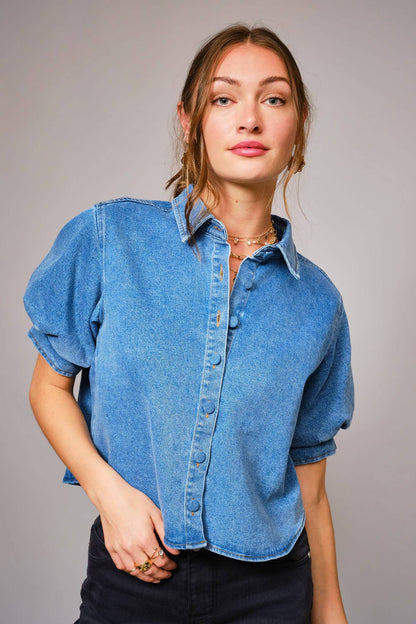 Puff Short Sleeve Button Down Denim Shirt