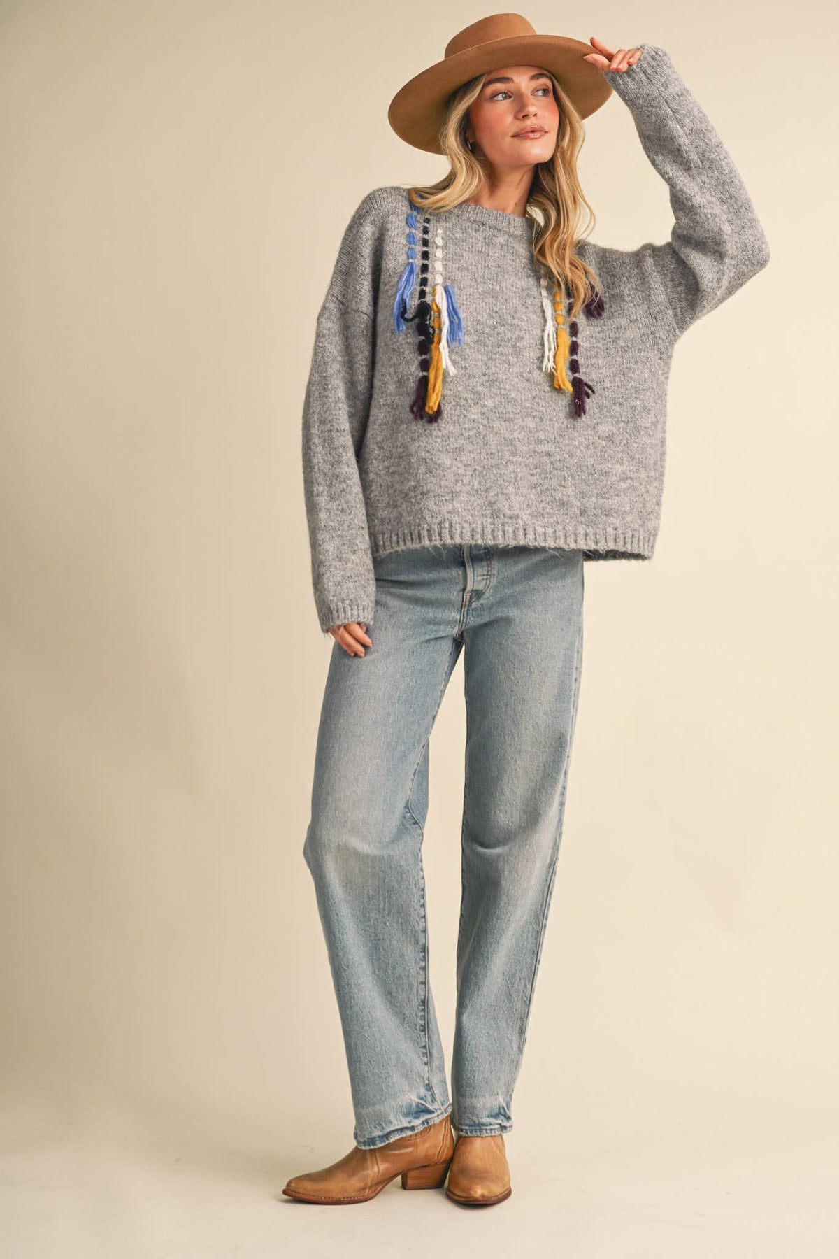 &MERCI Hand Stitched Fringe Accent Sweater