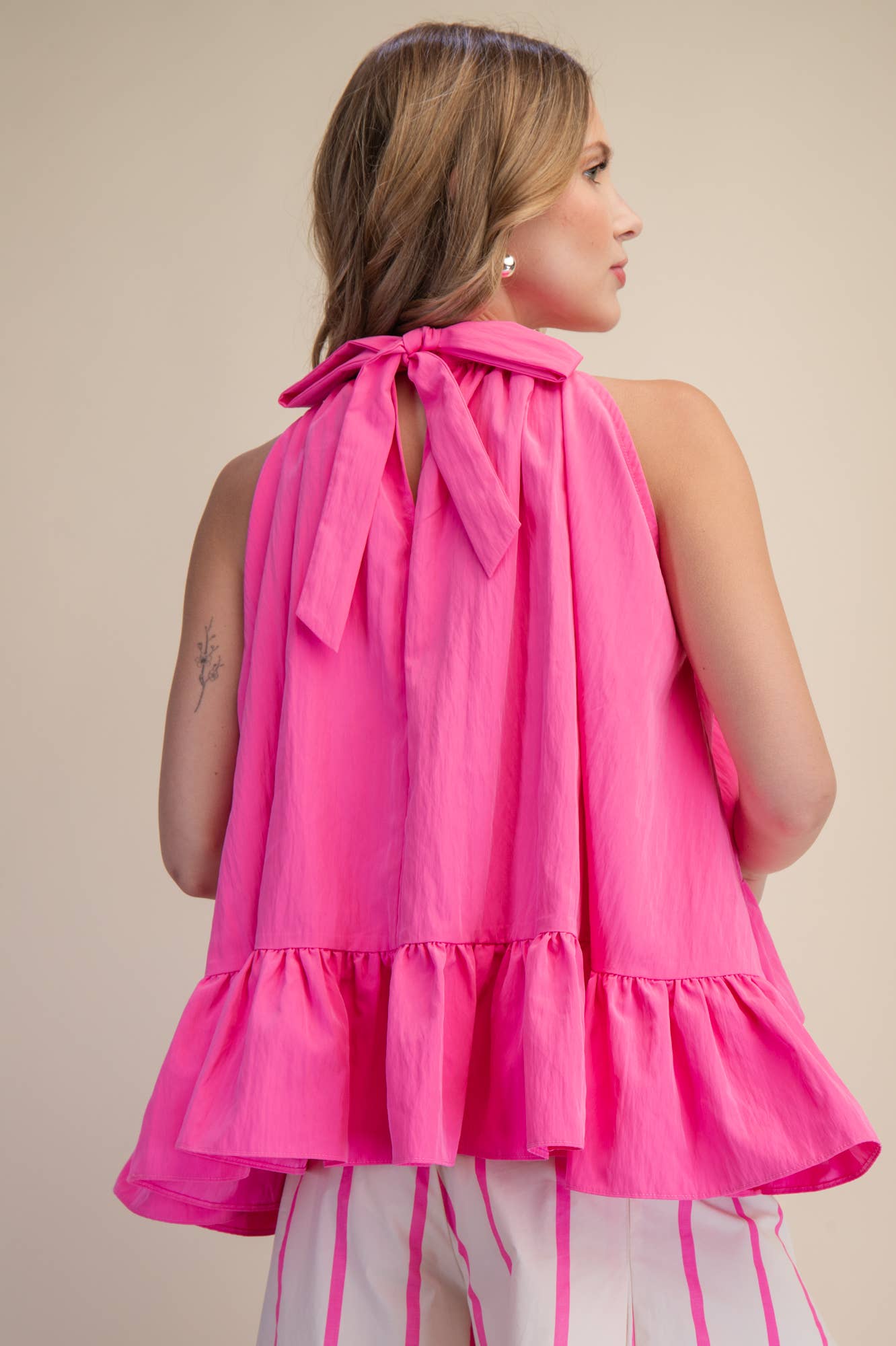Halter Neck Back Neck Tie Ruffle Top