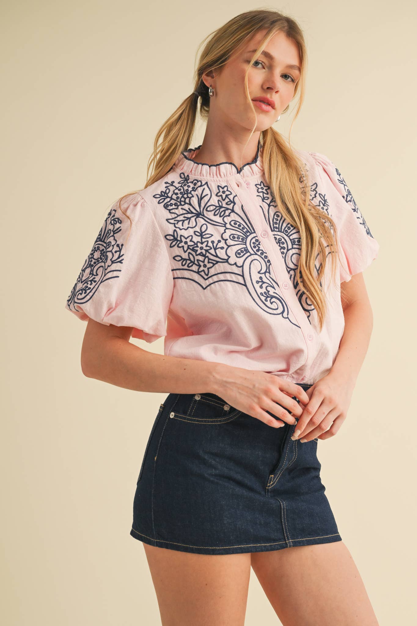 Embroidered Bubble Sleeve Top