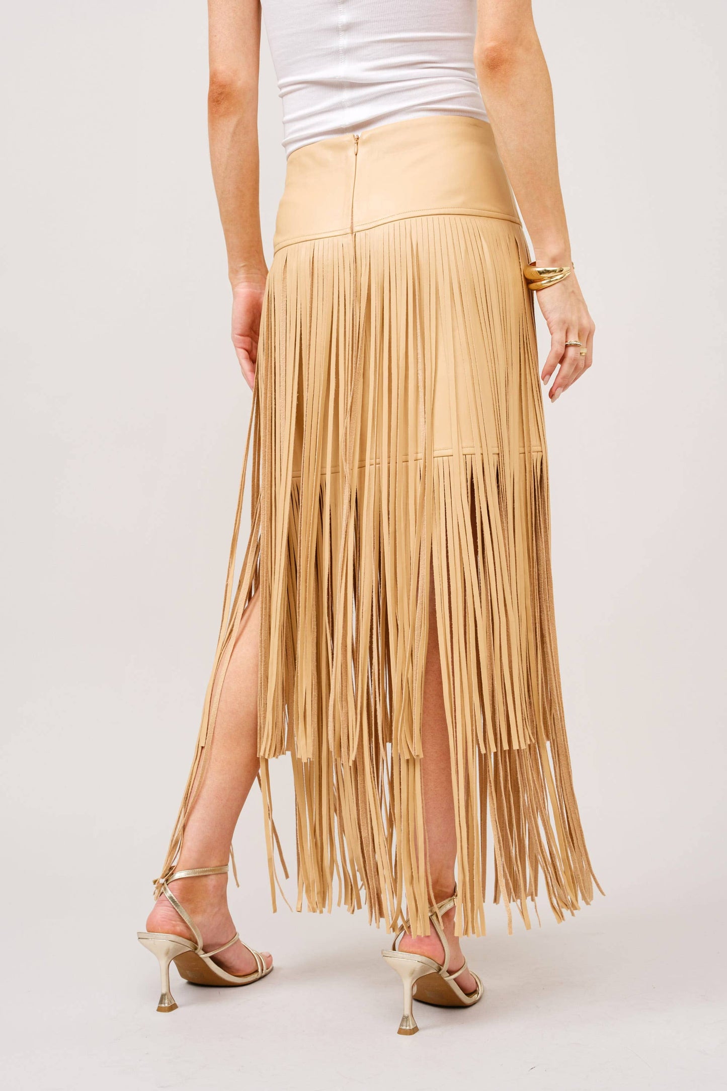 Faux Leather Tiered Fringe Maxi Skirt