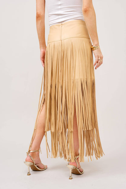 Faux Leather Tiered Fringe Maxi Skirt