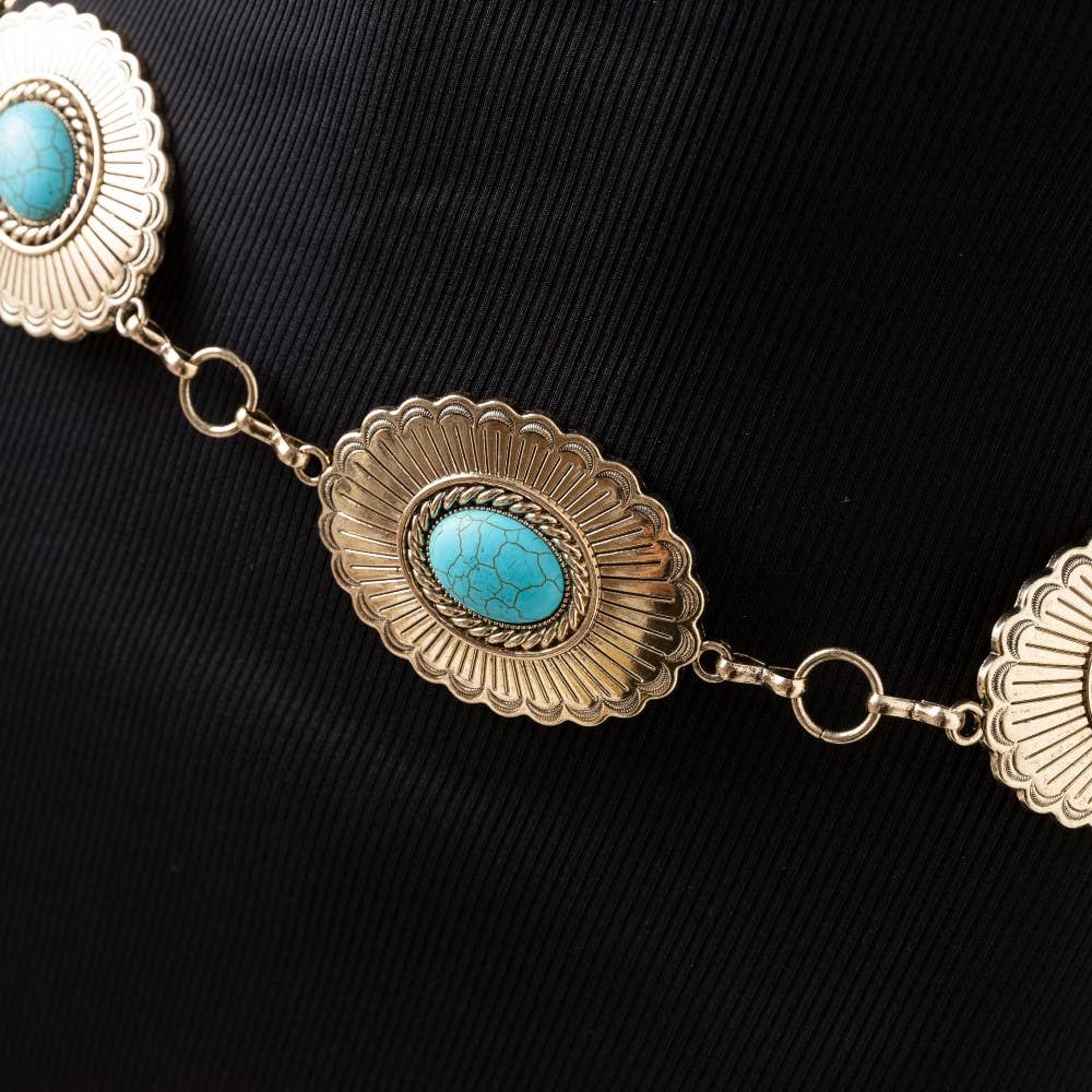 Oval Turquoise Stone Western Style Concho Chain Belt