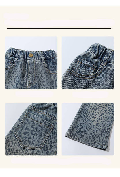 Girl's Blue Leopard Print Denim Wide-Leg Pants