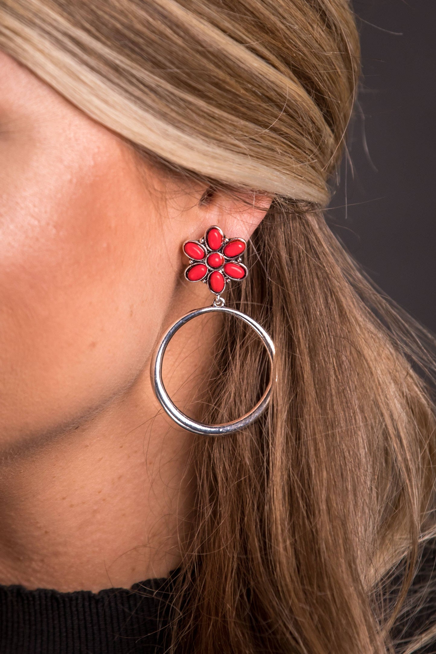 West & Co. Silver Hoop Earring w/ Red Flower