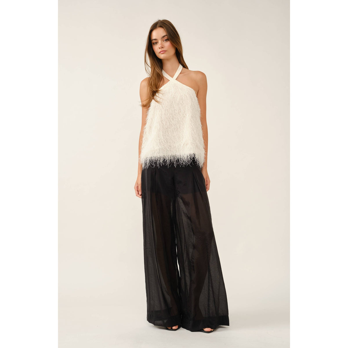 Crisscross Halter Neck Feather Fringe Top