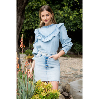Long Sleeve Ruffle Denim Top