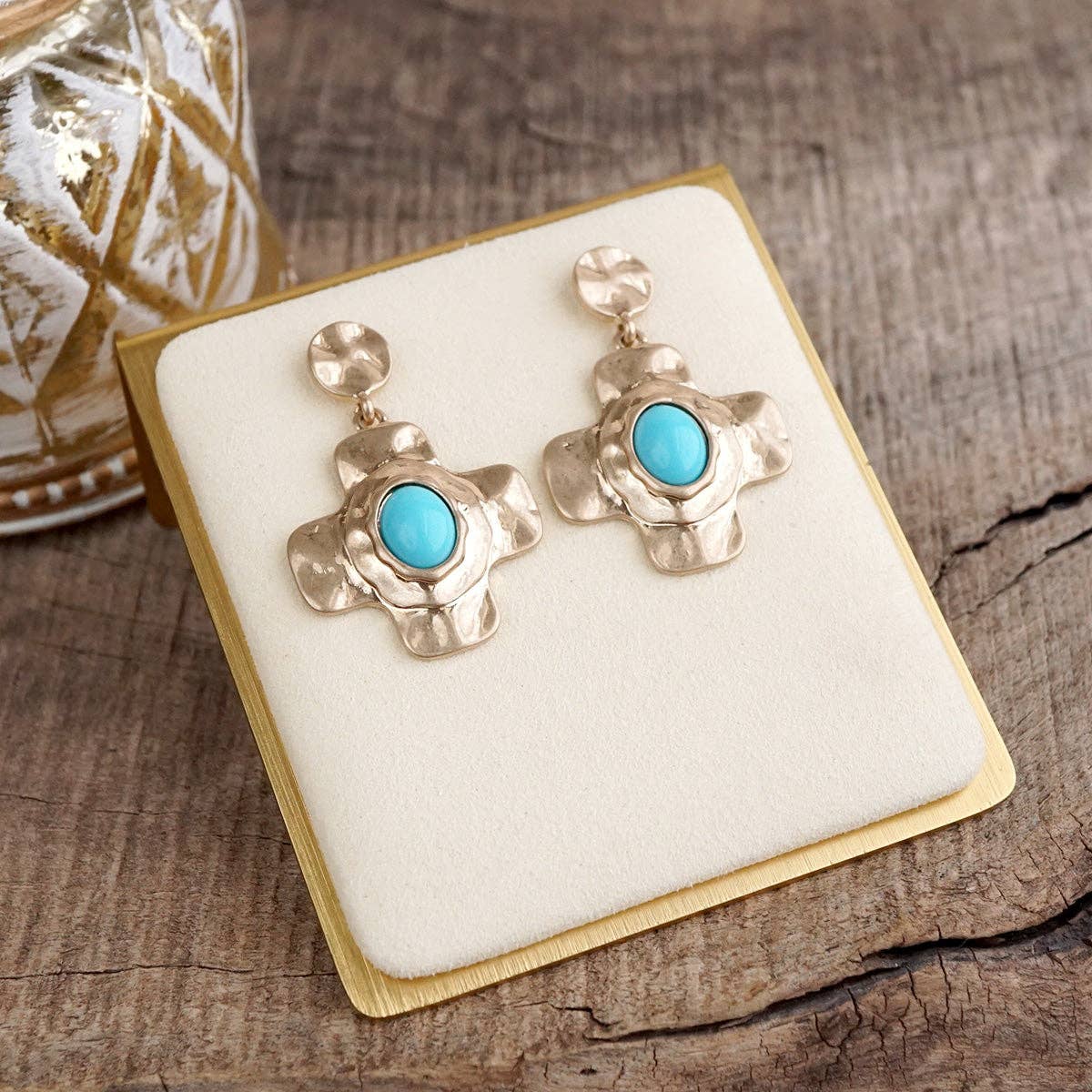 PennyLine Inc. Sunlit Cross – Hammered Cabochon Earrings