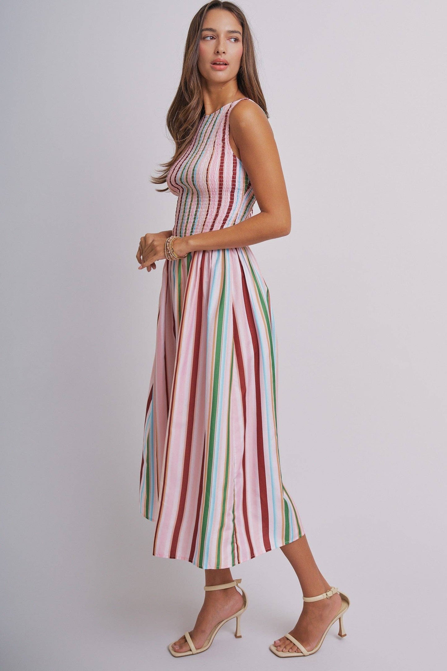 Candy Stripe Smocked Midi Dress