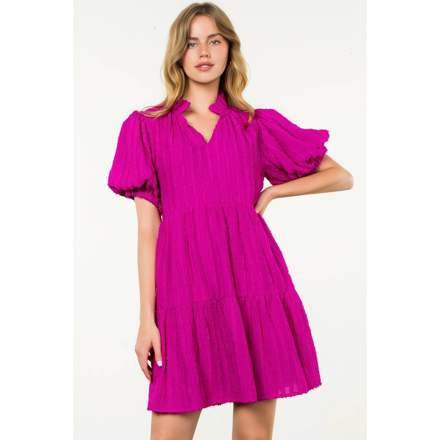 Tiered Puff Sleeve Textured Dress