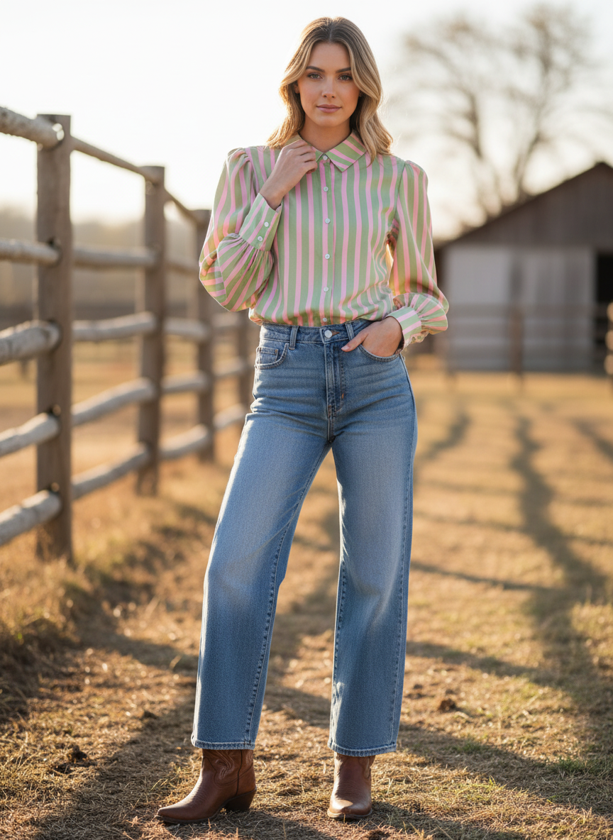 Turq Haven Green & Pink Striped Chiffon Blouse
