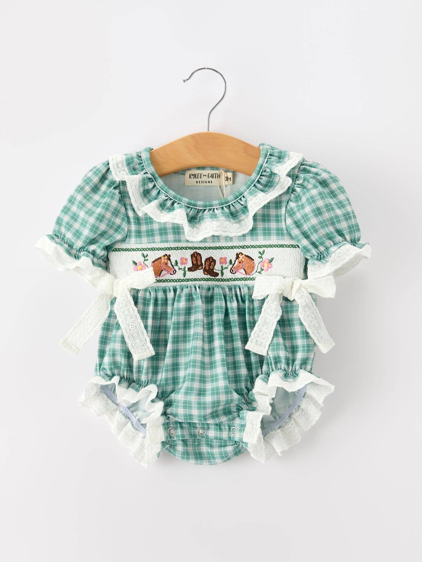 Girl's Western Plaid Horse Embroidered Bubble Romper