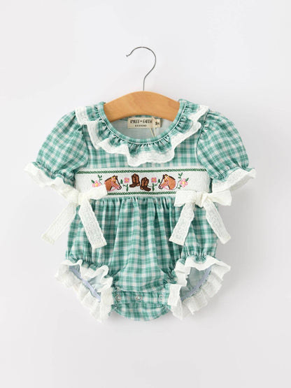 Girl's Western Plaid Horse Embroidered Bubble Romper