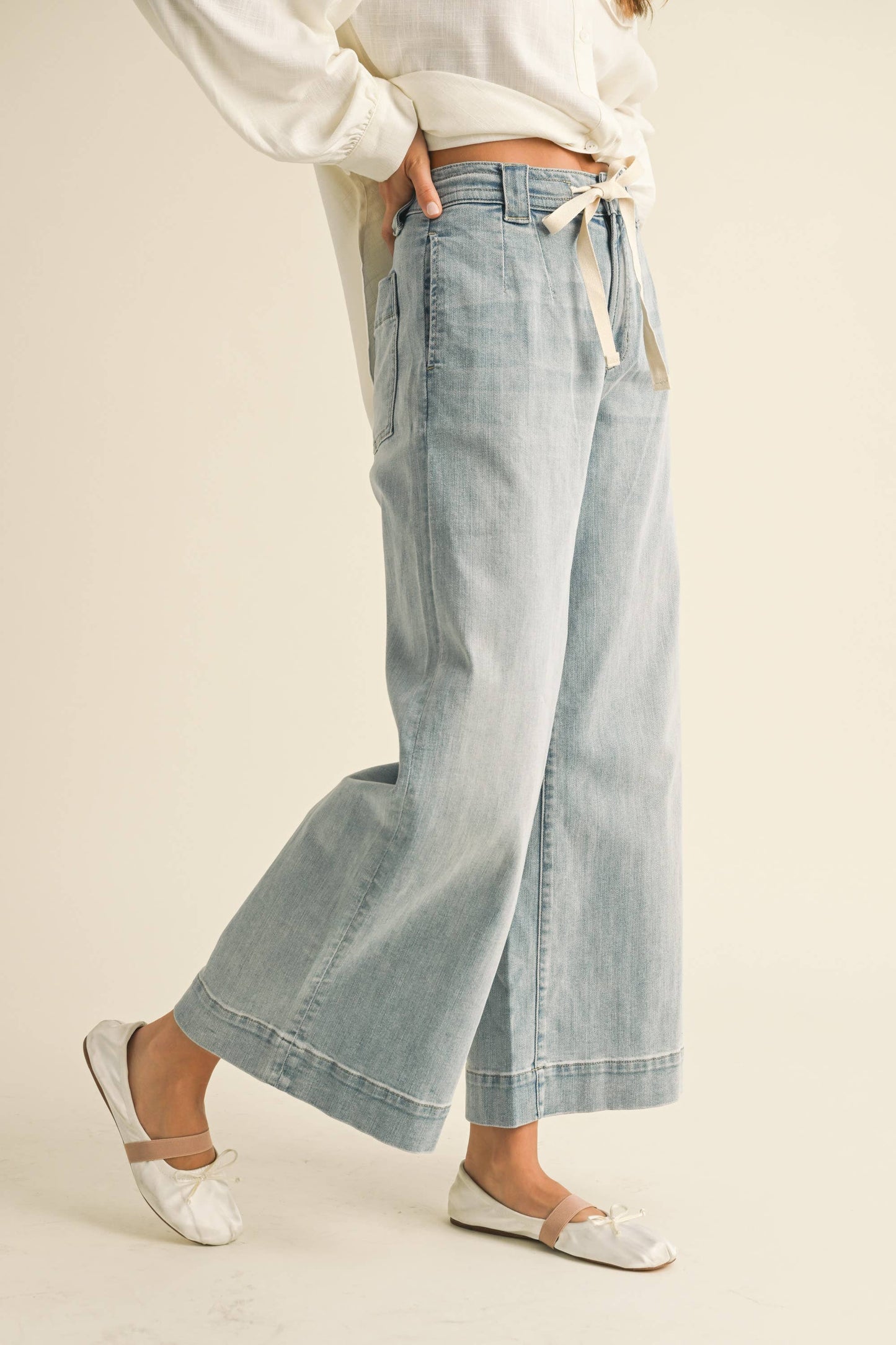 Tie Front Washed Denim Pants