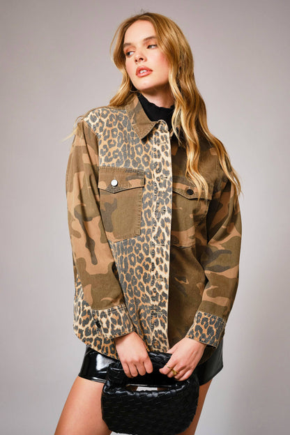 Mix Media Camo Leopard Snap Jacket