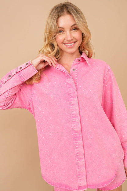 Washed Studded Twill Button Up Shirt Blouse