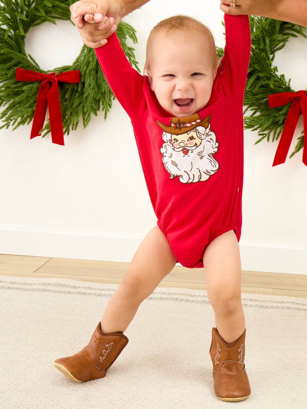 Baby Western Santa Sweatshirt Bubble Romper