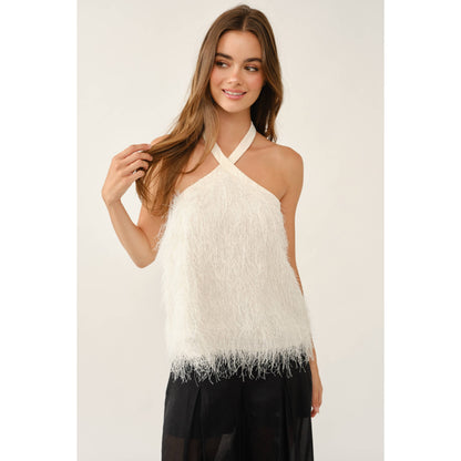 Crisscross Halter Neck Feather Fringe Top
