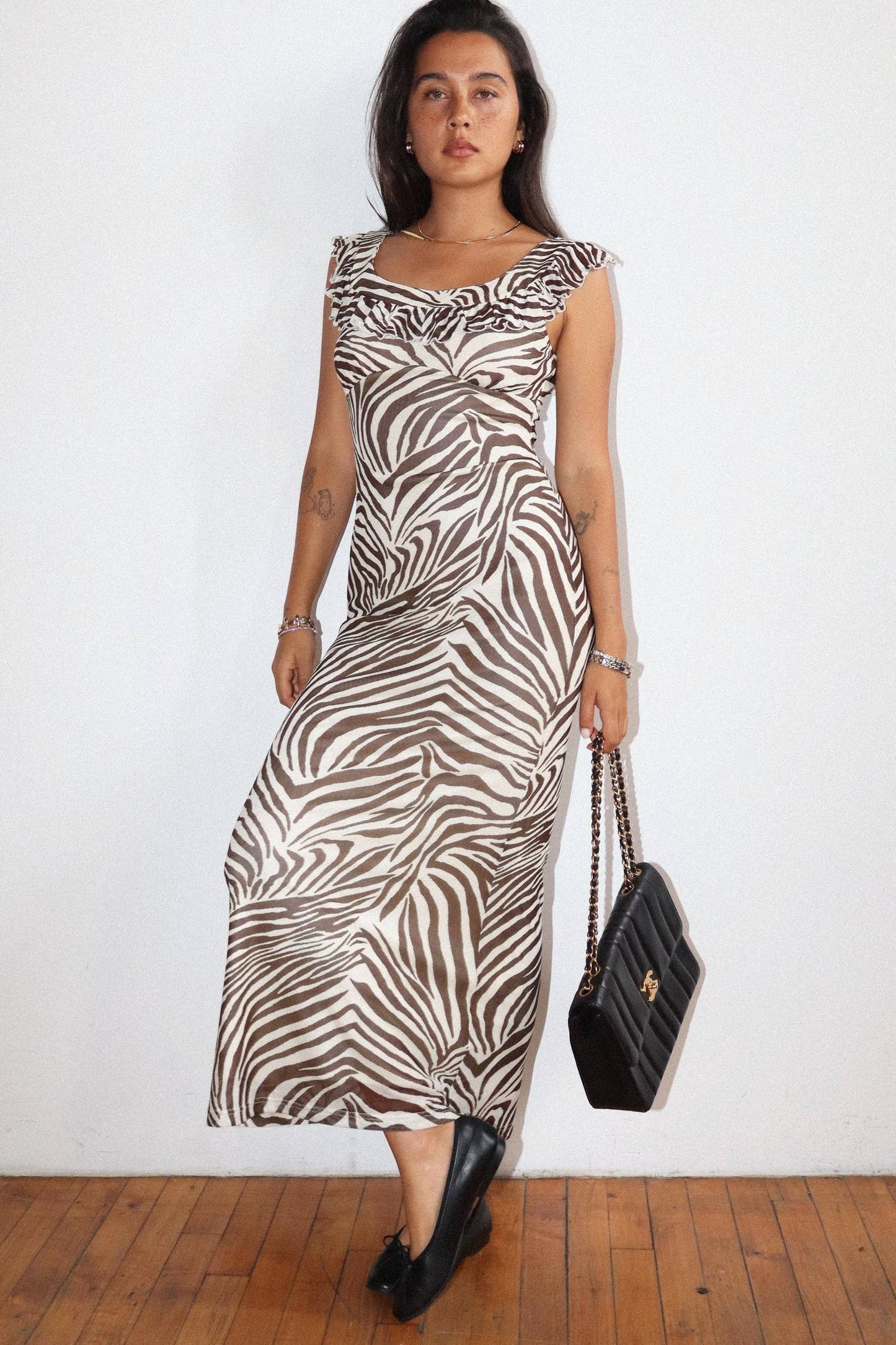 Zebra Print Ruffle Trim Maxi Dress