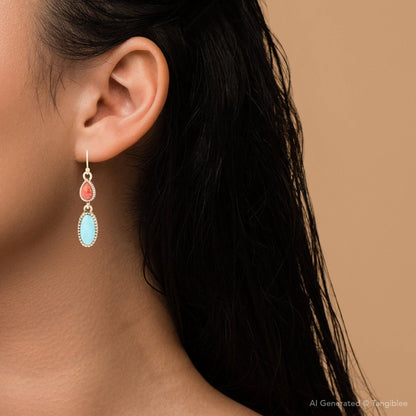Barse Blue Turquoise and Red Coral Golden Drop Earrings