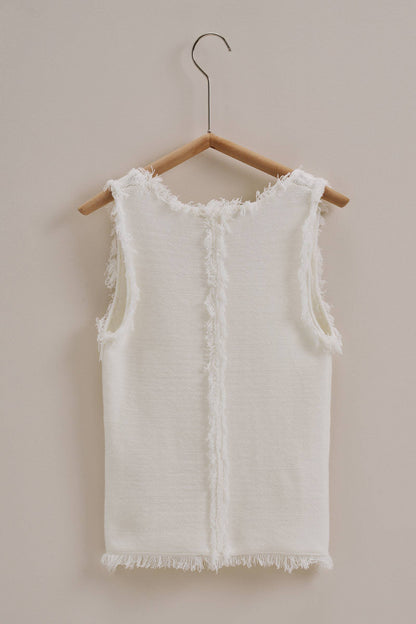 Frayed Trim Textured Knit Sleeveless Top