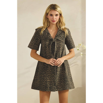 Collared Leopard Printed Denim Mini Dress
