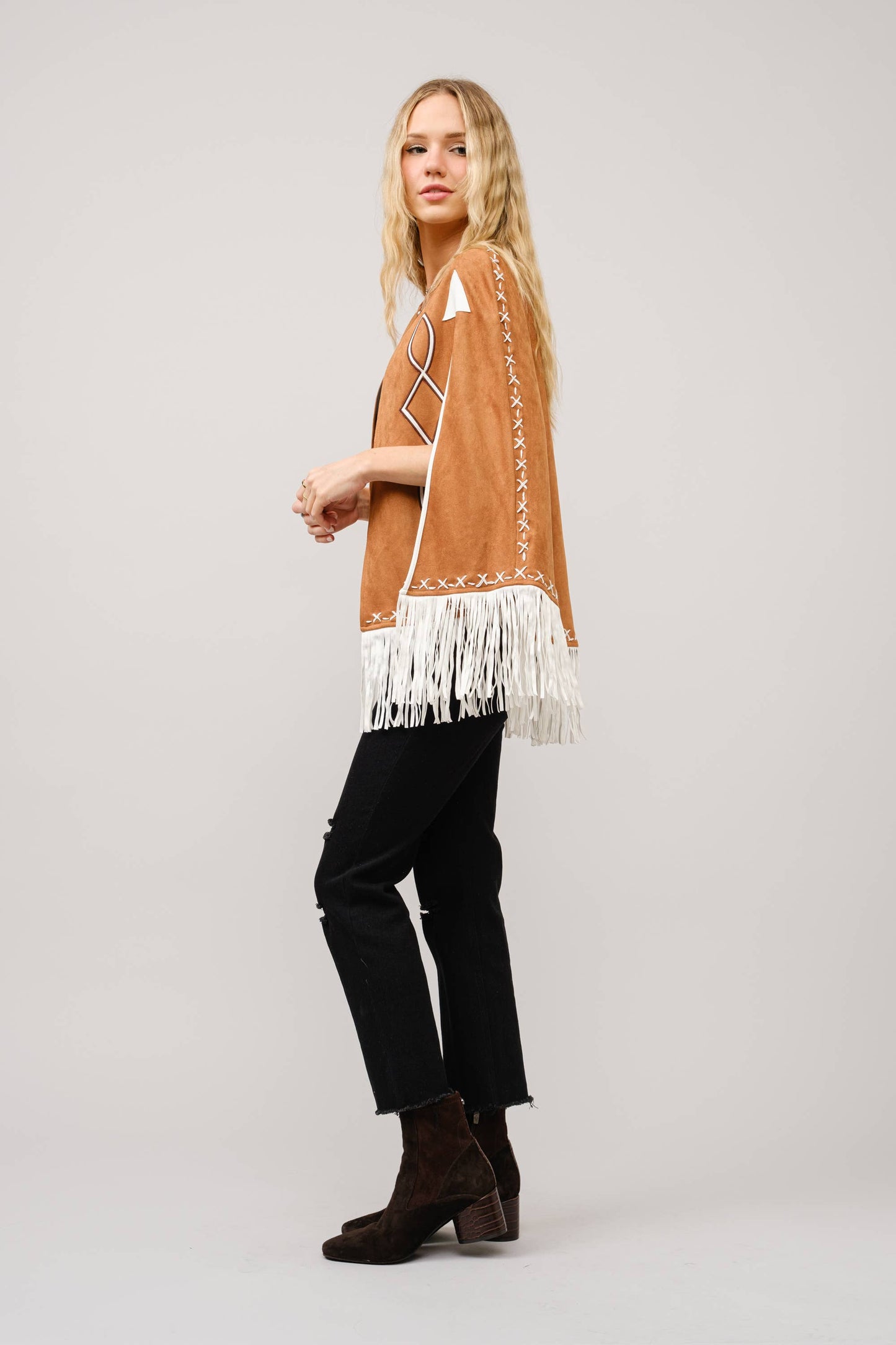 Fringe Detail Open Cape Jacket