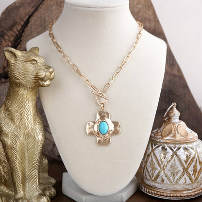 PennyLine Inc. Sunlit Cross – Hammered Cabochon Necklace