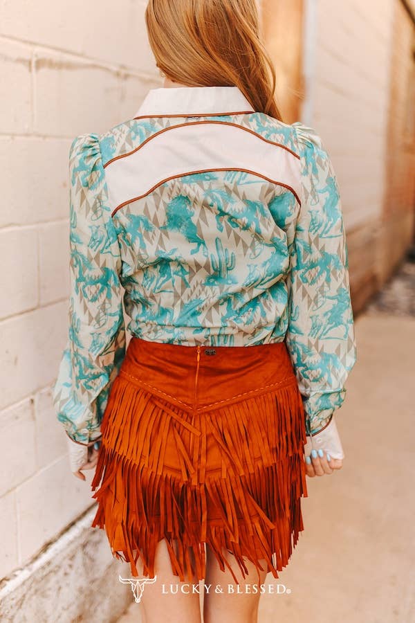 Cream Teal Aztec Sleeve Button Down Shirt