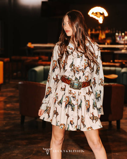 Western Cowgirl Button Down Collared Ruffle Dress