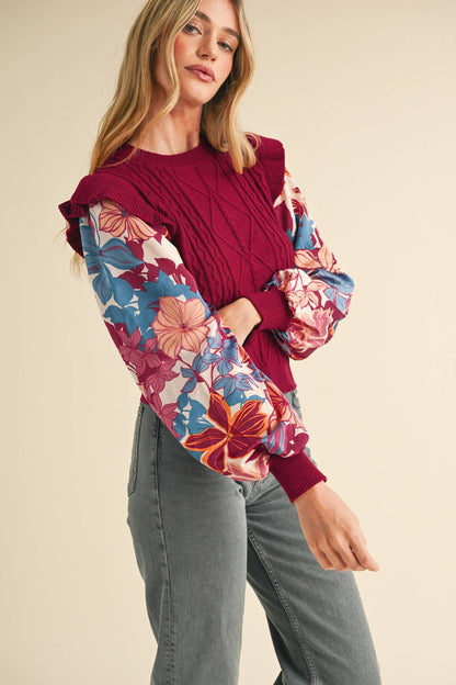 Floral Plum Mixed Media Sweater