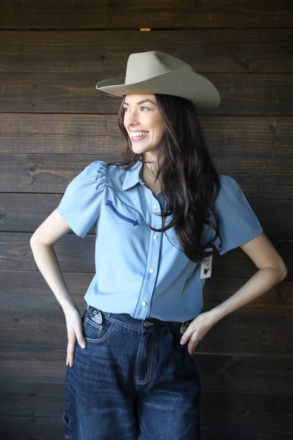 Denim Blue & Navy Pearl Snap Western Blouse